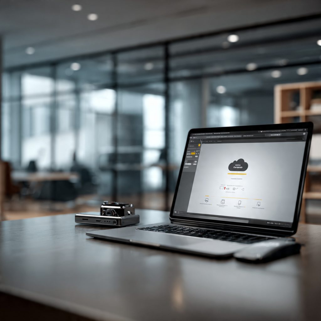 Organized office desk with laptop uploading media files for video editing