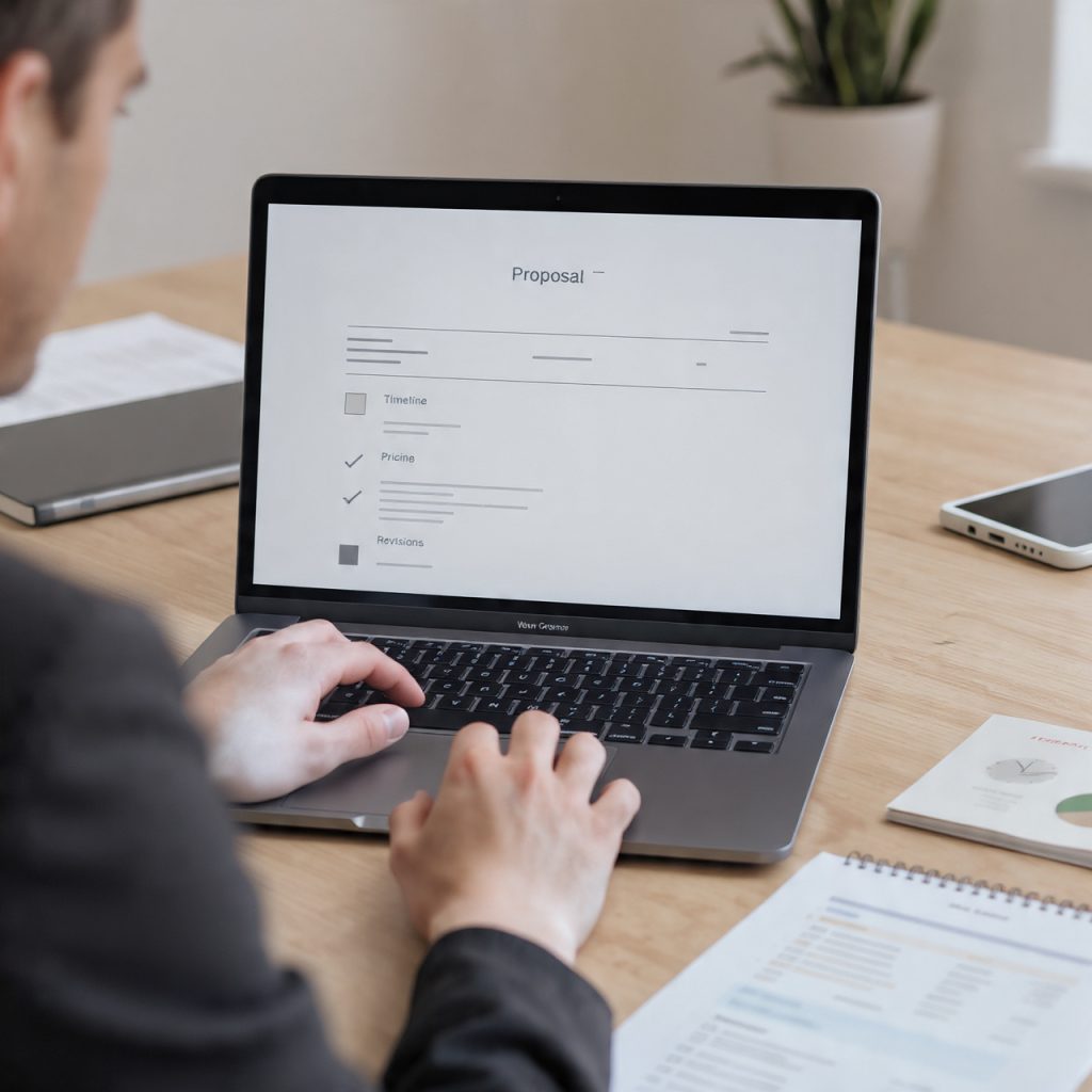 Laptop displaying a structured video editing proposal in a clean office setting