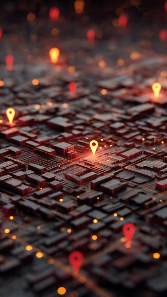 Brick-red-black background with clustered location pins illustrating HVAC local search dominance.