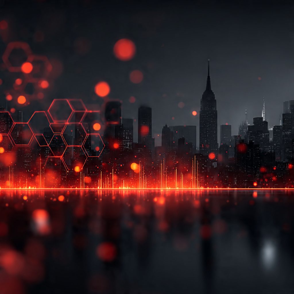 Abstract digital network with glowing nodes, USA skyscrapers, and 3D data bars symbolizing AI-driven business growth.